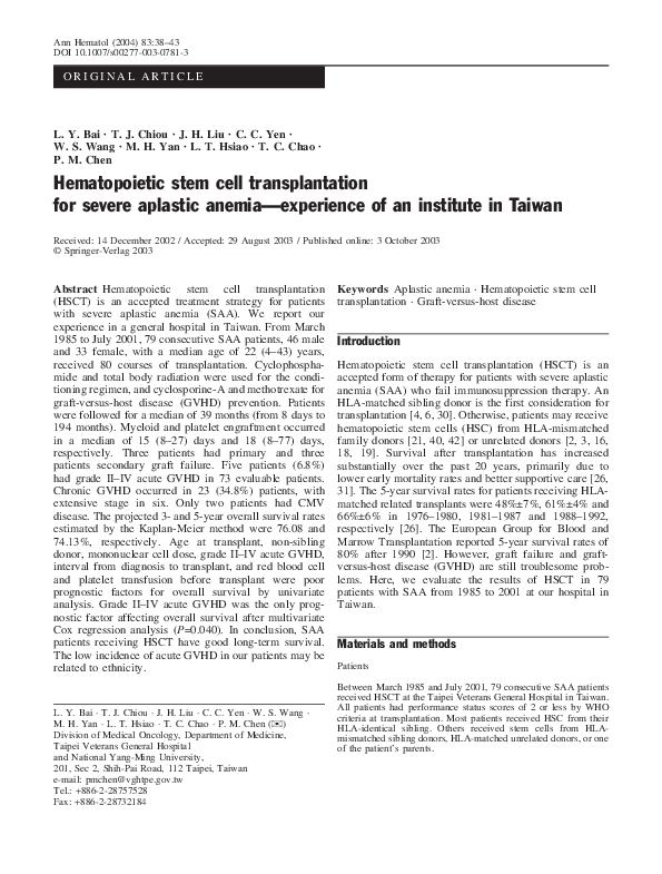 (PDF) Hematopoietic stem cell transplantation for severe aplastic ...