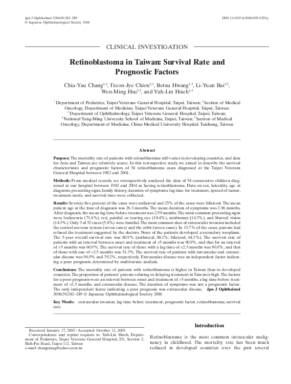 (PDF) Retinoblastoma in Taiwan: Survival Rate and Prognostic Factors
