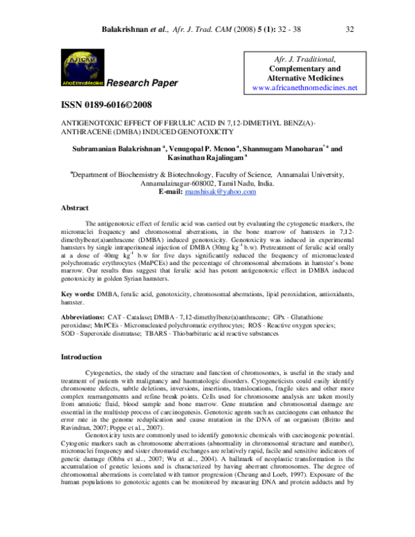 (PDF) Antigenotoxic Effect Of Ferulic Acid In 7,12-Dimethyl Benz(A ...