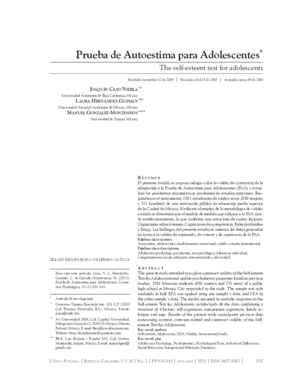 (PDF) La Prueba de Autoestima para Adolescentes