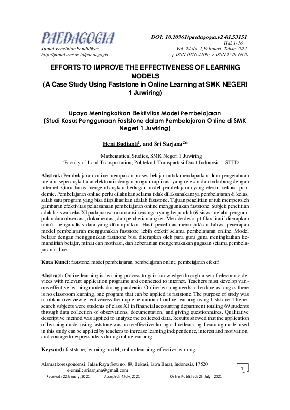 (PDF) EFFORTS TO IMPROVE THE EFFECTIVENESS OF LEARNING MODELS (A Case ...