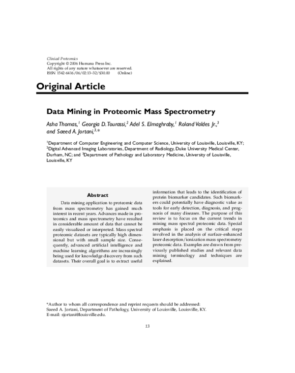 (PDF) Data mining in proteomic mass spectrometry