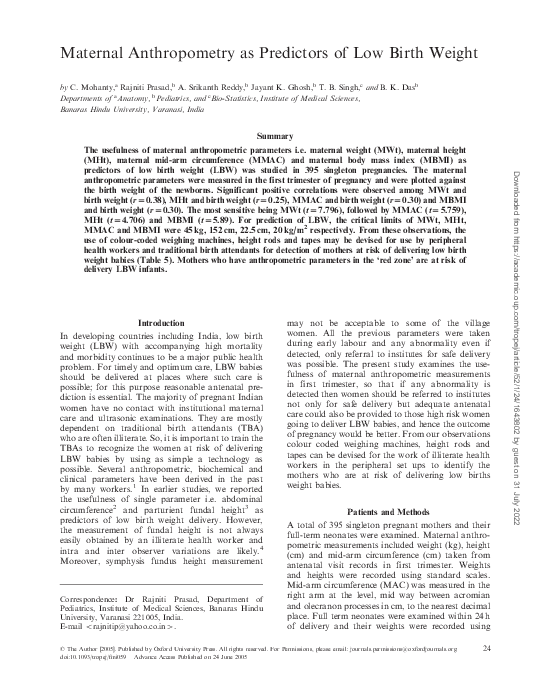 (PDF) Maternal Anthropometry as Predictors of Low Birth Weight