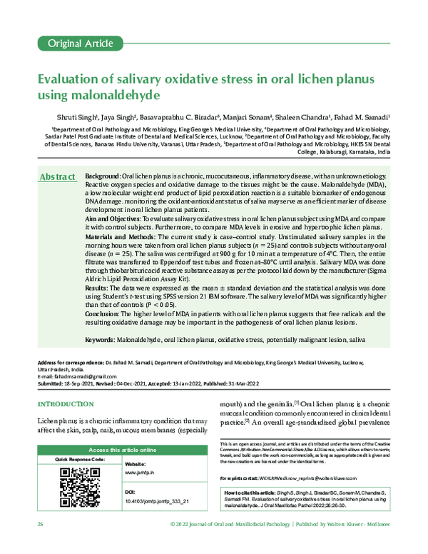 (PDF) Evaluation of salivary oxidative stress in oral lichen planus ...