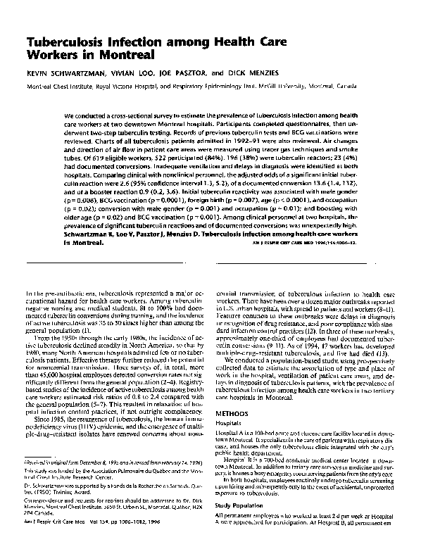 (PDF) Tuberculosis infection among health care workers in Montreal