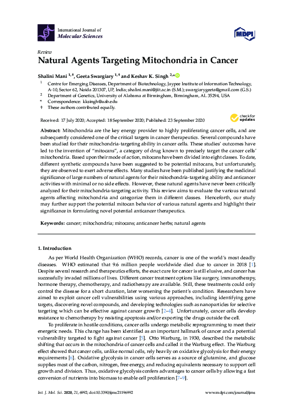 (PDF) Natural Agents Targeting Mitochondria in Cancer