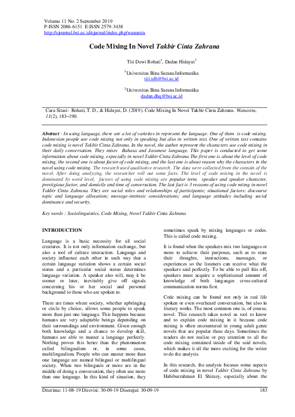 (PDF) Code Mixing in Novel Takbir Cinta Zahrana