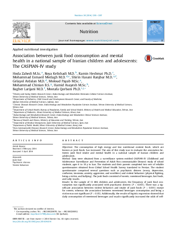 (PDF) Association between junk food consumption and mental health in a ...