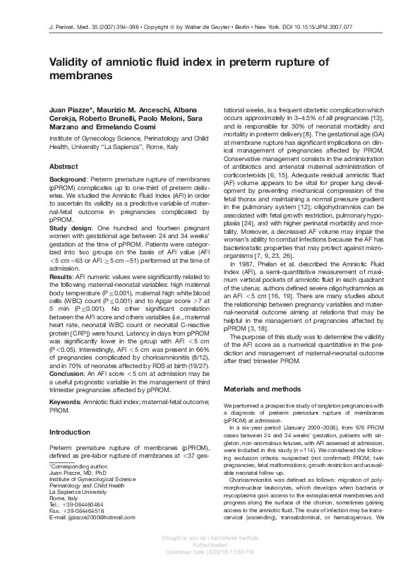 (PDF) Validity of amniotic fluid index in preterm rupture of membranes