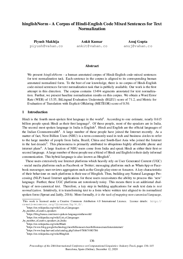 (PDF) hinglishNorm - A Corpus of Hindi-English Code Mixed Sentences for ...