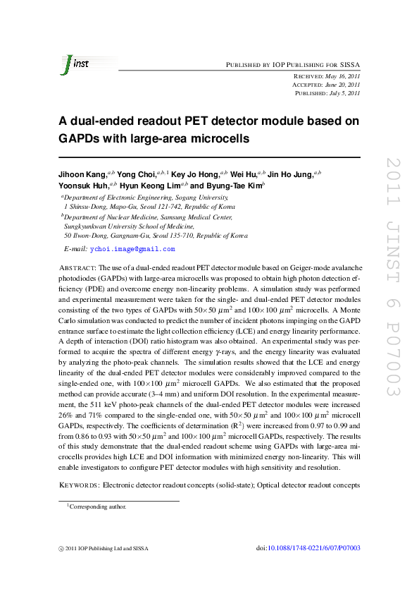 (PDF) A dual-ended readout PET detector module based on GAPDs with ...