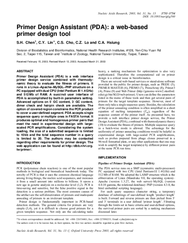 (PDF) Primer Design Assistant (PDA) a webbased primer design tool