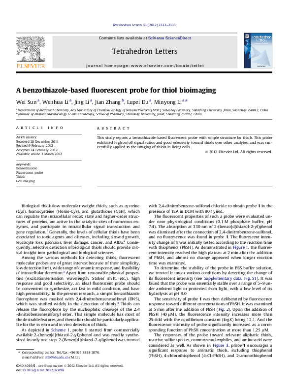 (PDF) A benzothiazole-based fluorescent probe for thiol bioimaging