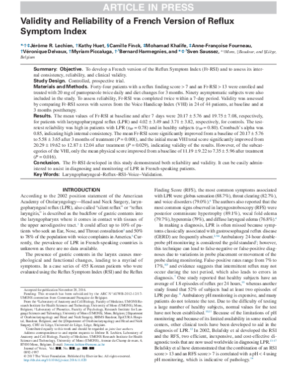 (PDF) Validity and Reliability of a French Version of Reflux Symptom Index