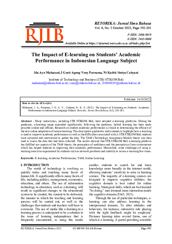  pdf the impact of e learning on students academic performance in