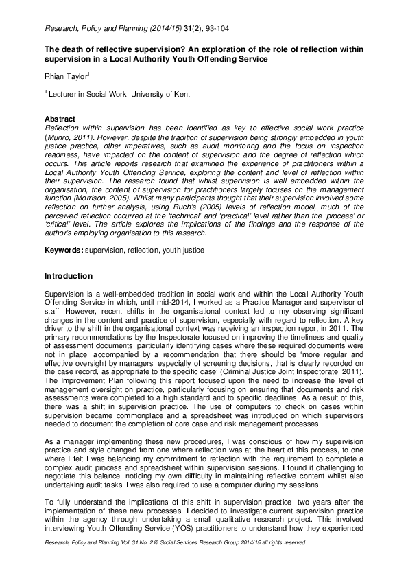 (PDF) The death of reflective supervision? An exploration of the role ...