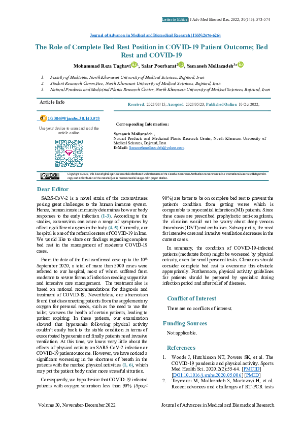 (PDF) The Role of Complete Bed Rest Position In COVID19 Patient