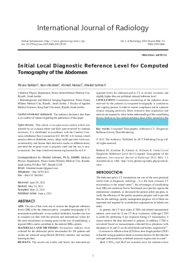 (PDF) Initial Local Diagnostic Reference Level for Computed Tomography ...