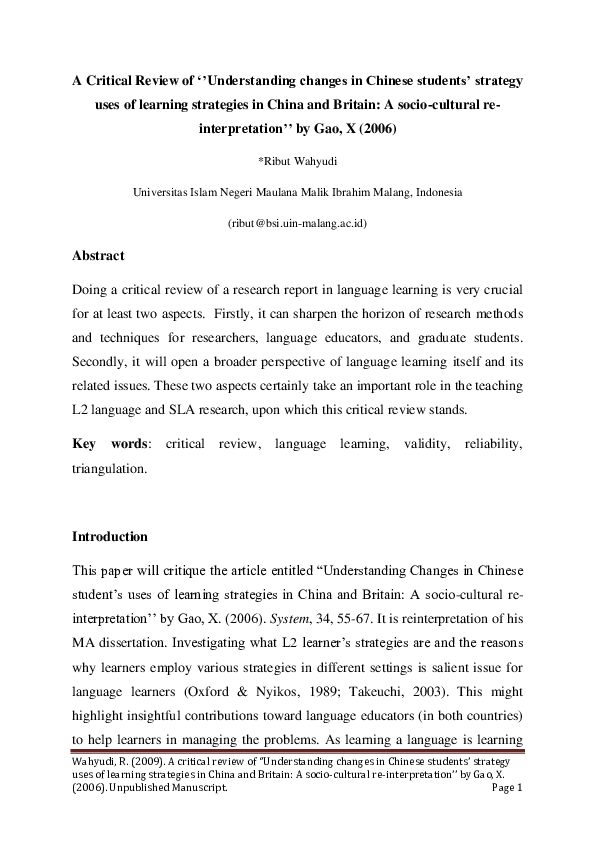 (PDF) A Critical review of "Understanding changes in Chinese students ...