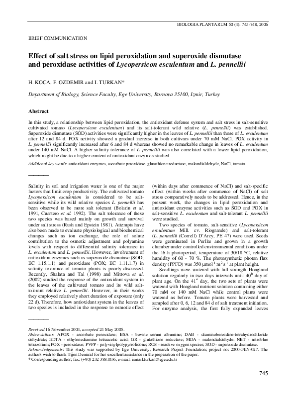 (PDF) Effect of salt stress on lipid peroxidation and superoxide ...