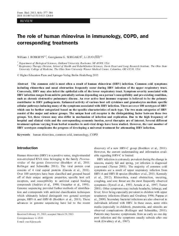 (PDF) The role of human rhinovirus in immunology, COPD, and ...
