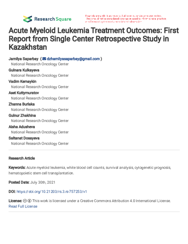 (PDF) Acute Myeloid Leukemia Treatment Outcomes: First Report from ...