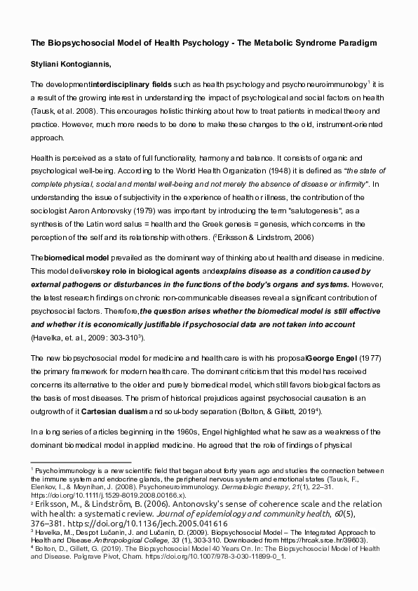(PDF) The Biopsychosocial Model of Health Psychology -The Metabolic ...