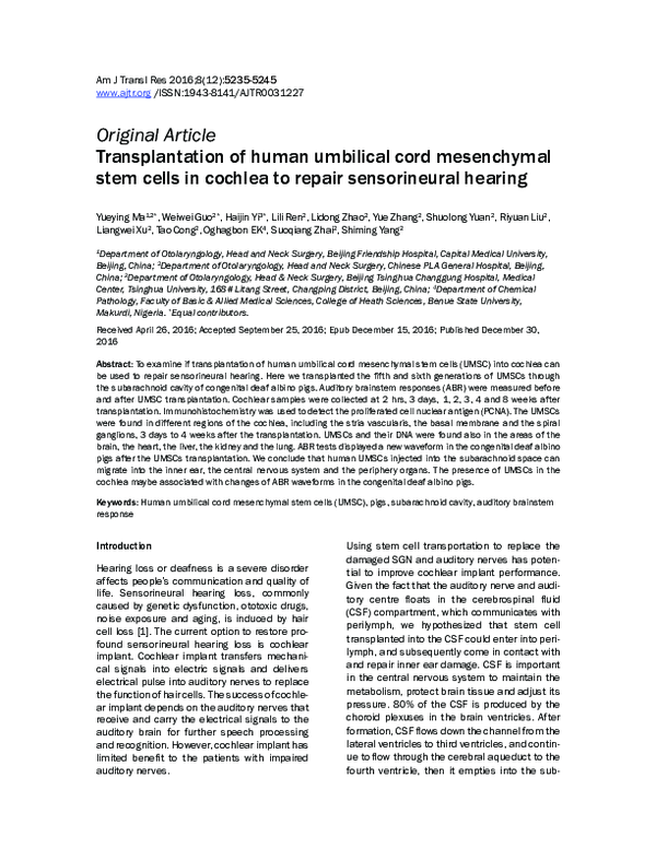 (PDF) Transplantation of human umbilical cord mesenchymal stem cells in ...