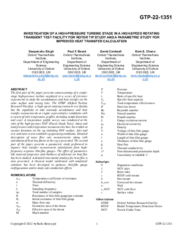 (PDF) Investigation of a High-Pressure Turbine Stage in a High-Speed ...