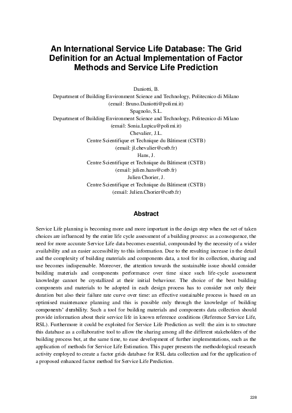 (PDF) An International Service Life Database The grid Definition for