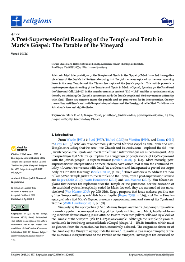 (PDF) A Post-Supersessionist Reading of the Temple and Torah in Mark’s ...