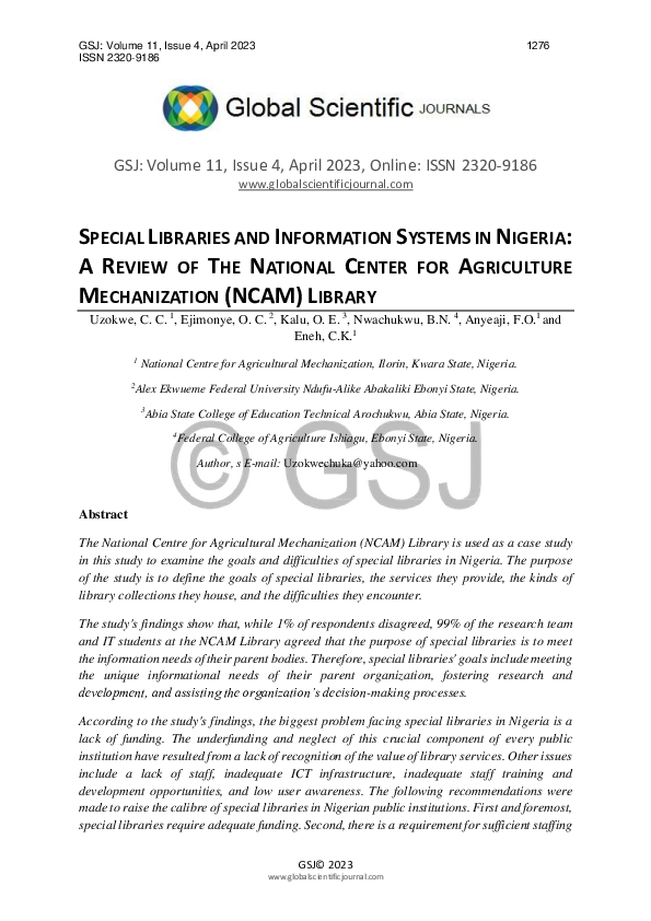 (PDF) SPECIAL LIBRARIES AND INFORMATION SYSTEMS IN NIGERIA A REVIEW OF
