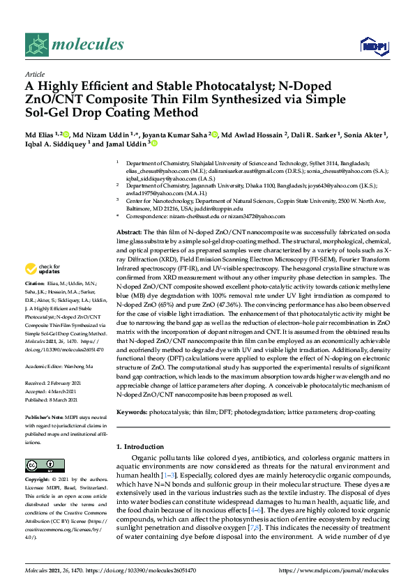 (PDF) A Highly Efficient and Stable Photocatalyst; N-Doped ZnO/CNT ...