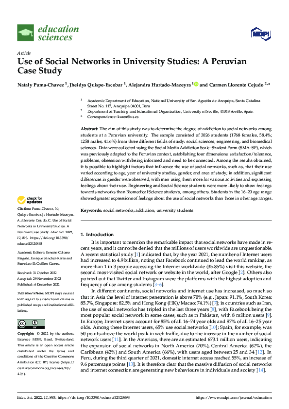 (PDF) Use of Social Networks in University Studies: A Peruvian Case Study