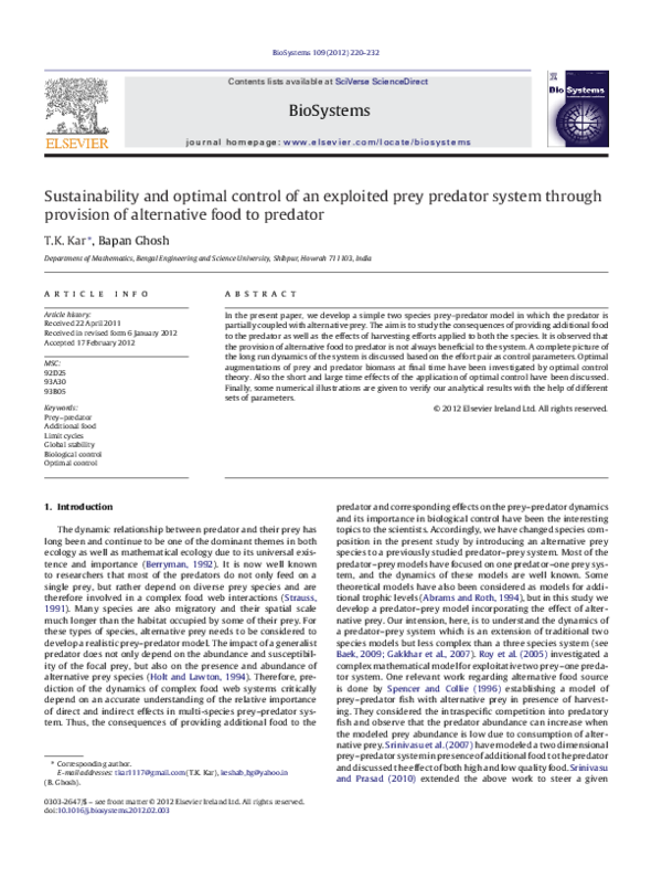 (PDF) Sustainability and optimal control of an exploited prey predator ...