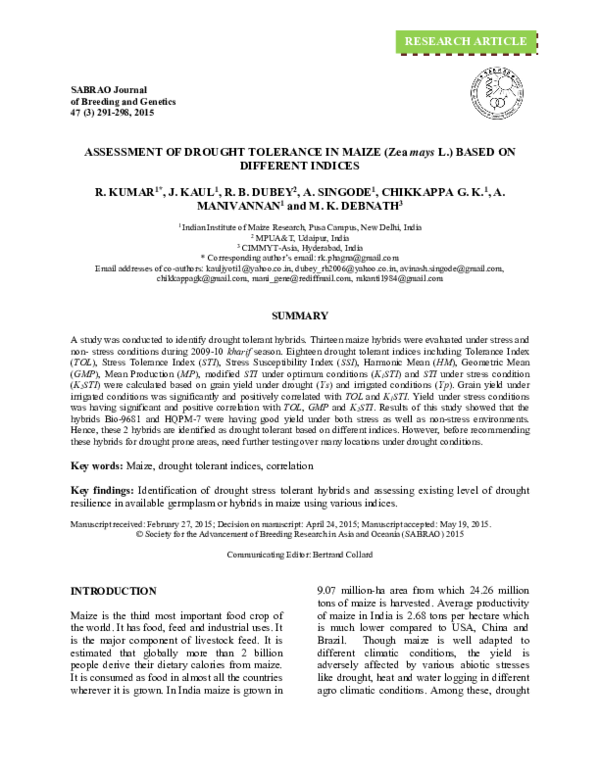 (PDF) Assessment of drought tolerance in maize (Zea mays L.) based on ...