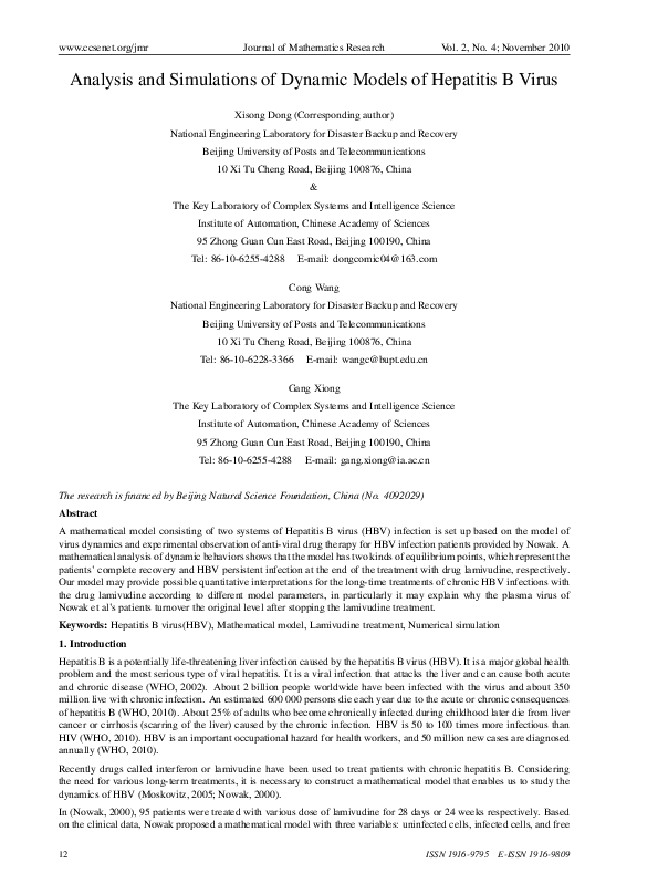 (PDF) Analysis and Simulations of Dynamic Models of Hepatitis B Virus