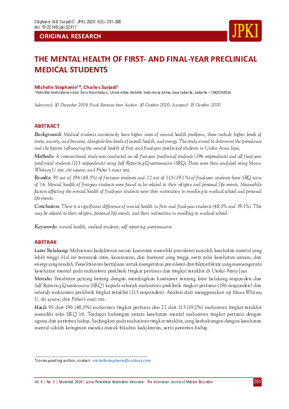 (PDF) The Mental Health of First- and Final-Year Preclinical Medical ...