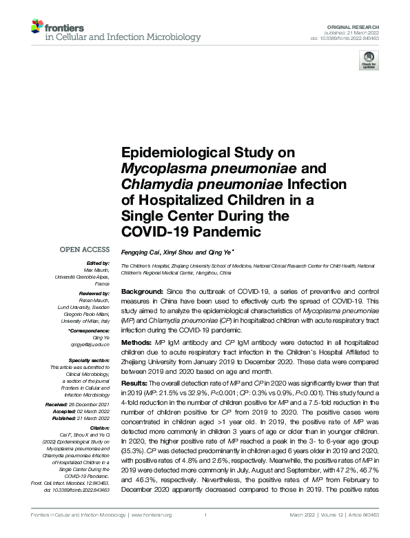 (PDF) Epidemiological Study on Mycoplasma pneumoniae and Chlamydia ...