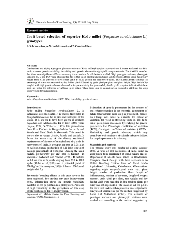 (PDF) Trait based selection of superior Kodo millet (Paspalum