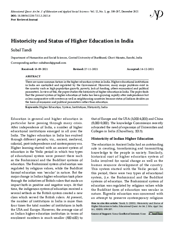 (PDF) Historicity and Status of Higher Education in India