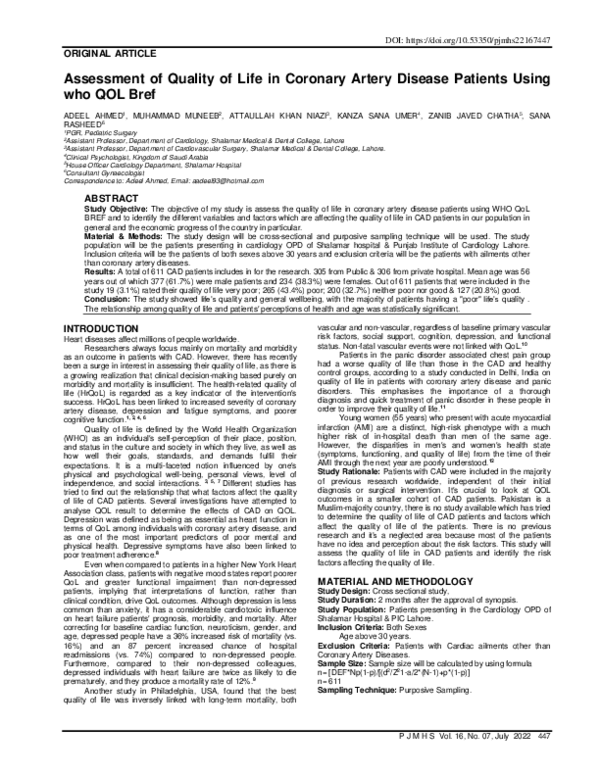 (PDF) Assessment of Quality of Life in Coronary Artery Disease Patients ...