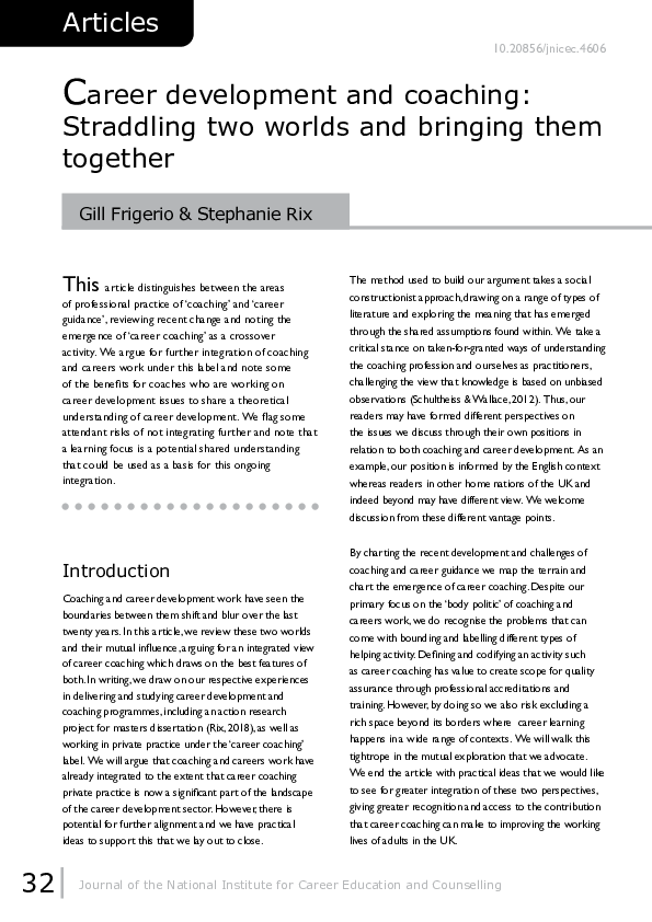 (PDF) Career development and coaching: Straddling two worlds and ...