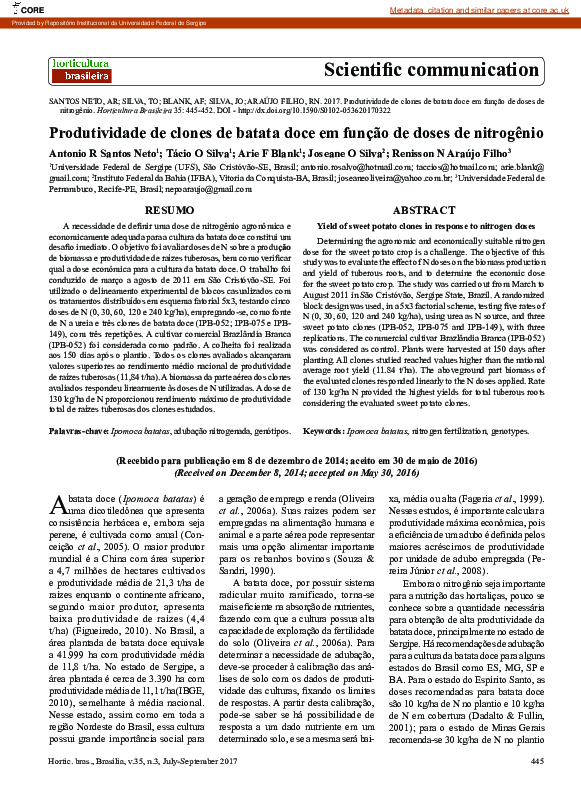 (PDF) Yield of sweet potato clones in response to nitrogen doses