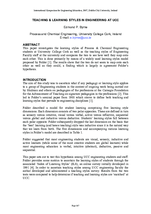 (PDF) Teaching & Learning Styles in Engineering at Ucc