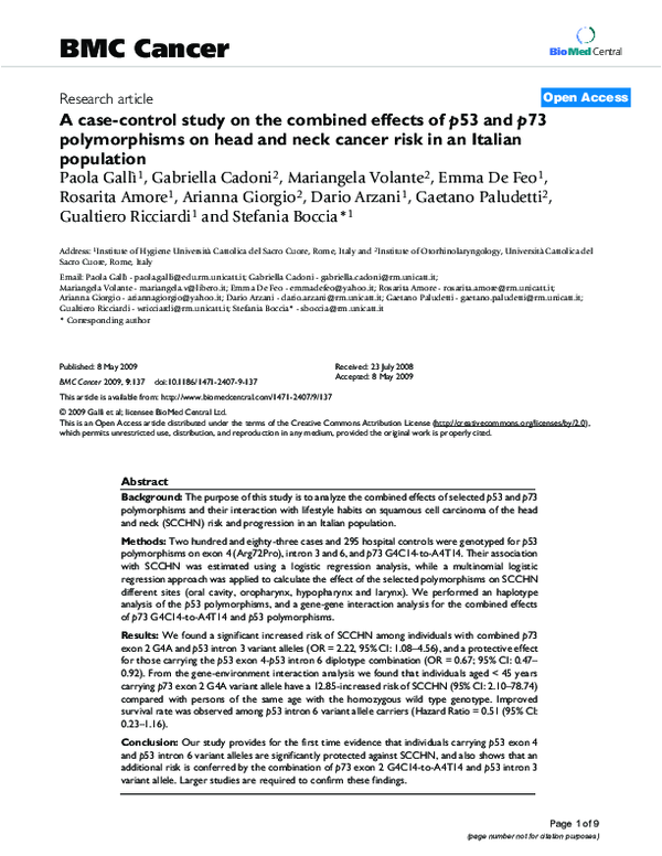 (PDF) A case-control study on the combined effects of p53 and p73 ...