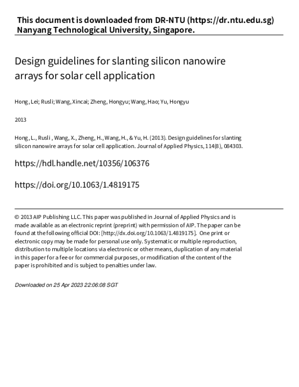 (PDF) Design guidelines for slanting silicon nanowire arrays for solar ...