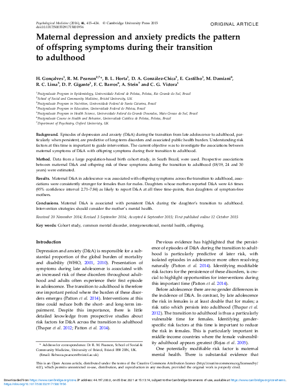 (PDF) Maternal depression and anxiety predicts the pattern of offspring ...