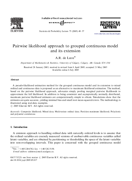(PDF) Pairwise likelihood approach to grouped continuous model and its ...