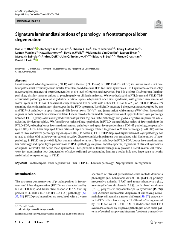 (PDF) Signature laminar distributions of pathology in frontotemporal ...